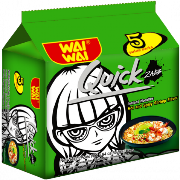 WAI WAI Quick Instant Noodle Hot and Spicy Shrimp Flavor 55g*5